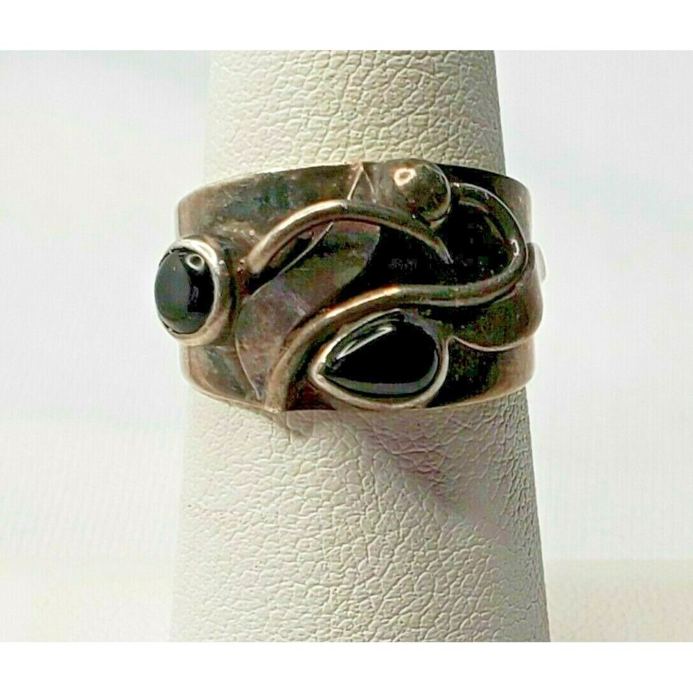 Vintage 925 Sterling Silver Abstract Vine Black Onyx Buds Design Ring Size 6.75 - Picture 8 of 12